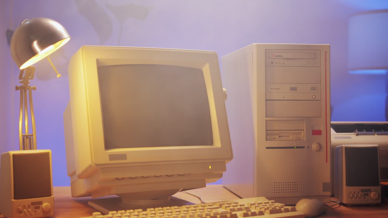Retro pc computer gaming, Desktop vintage with loading code console, programmer making scripts, green basic screen, Old computer studio close-up, retro wave display, late 90s PC.