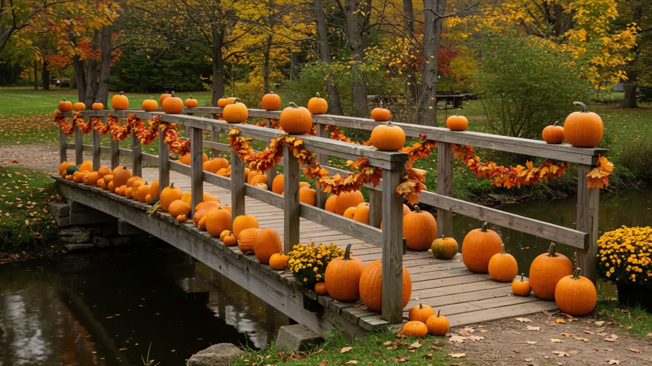 A Tranquil Autumn Scene Featuring a Rustic Bridge Adorned with Vibrant Pumpkins and Colorful Fall Foliage, Perfectly Capturing the Essence of the Harvest Season