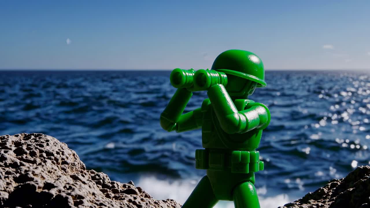 soldado de juguete observando el océano desde las rocas
