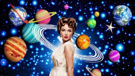 retro woman in a cosmic landscape with planets
