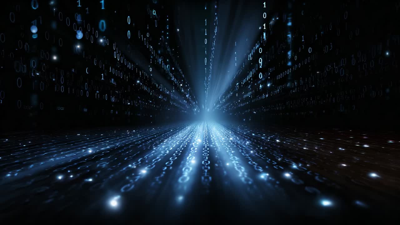 A mesmerizing view of a digital space illuminated by luminous particles and cascading binary codes, showcasing the depth and vastness of data flowing through an endless tunnel of technology and innovation