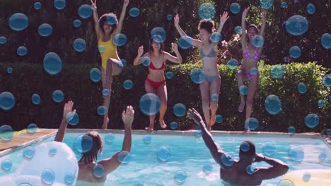 animation of blue bubbles over happy diverse group of women jumping into pool with two men