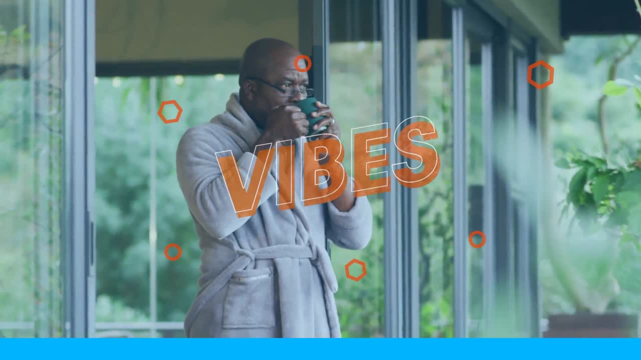 animación de vibraciones texto sobre afroamericano hombre mayor bebiendo café