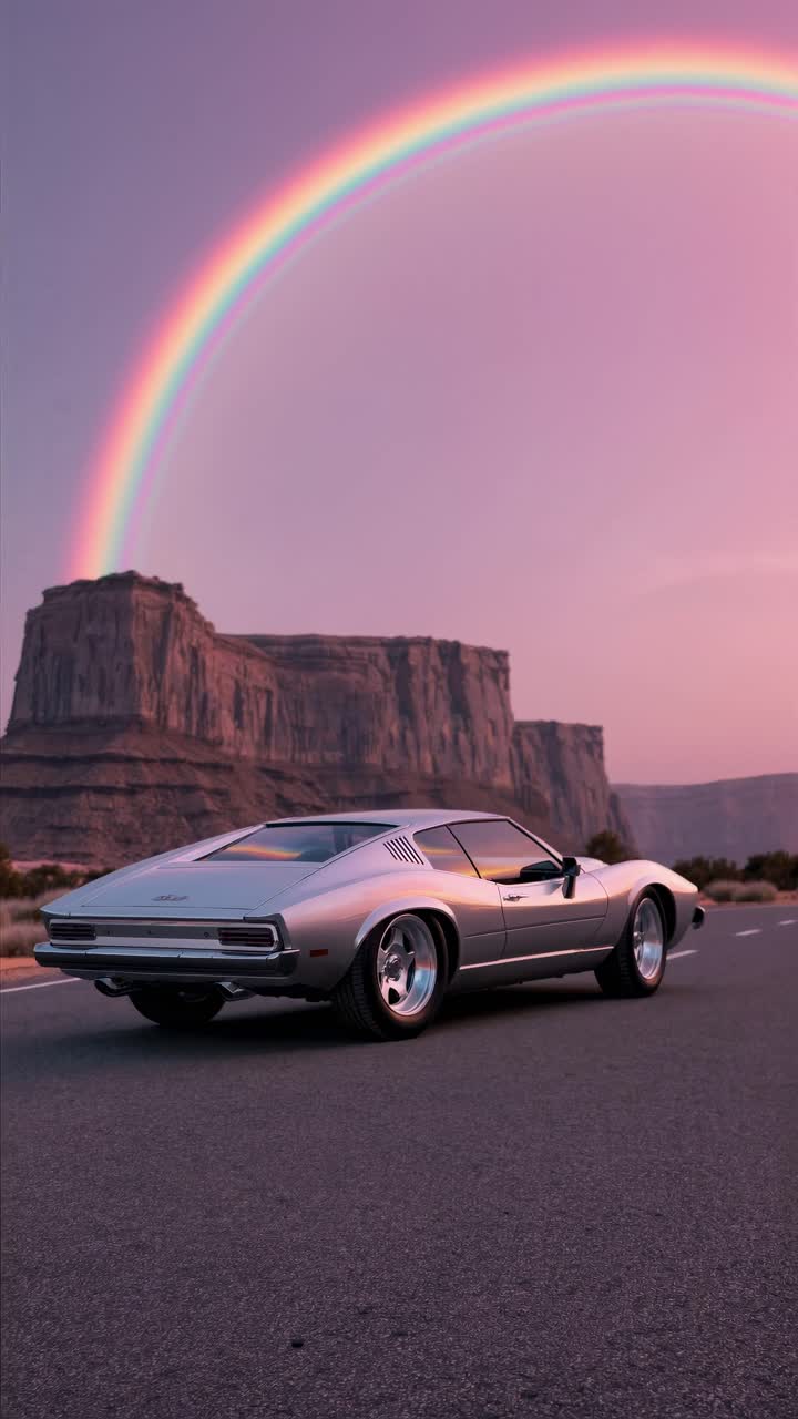 A vintage car on a desert road with a rainbow in the sky
