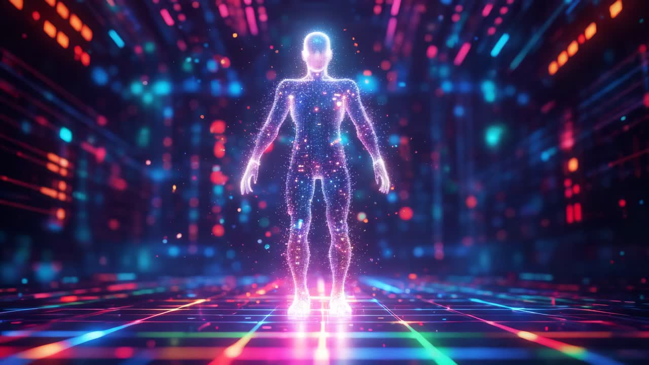 Glowing Digital Human Figure in Futuristic Cyberpunk Environment