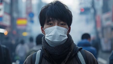 asian man wearing a mask in a crowded city street