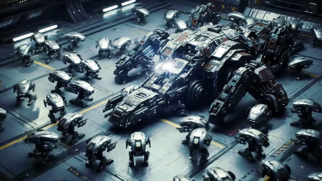 Robotic drones swarm around a large spacecraft in a high-tech hangar. The setting features advanced technology and intricate details of machinery at play, creating an immersive sci-fi atmosphere.