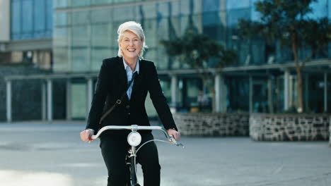 businesswoman, smile and riding a bike to work