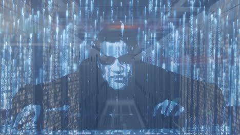 animación de un hacker masculino y luces flotando sobre los servidores