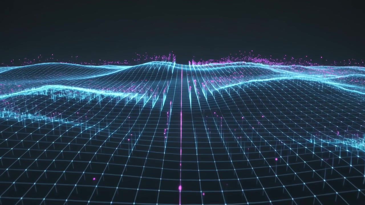 Pulsing magenta spine causing neon-blue waveform amplifying above grid, particles rising for data