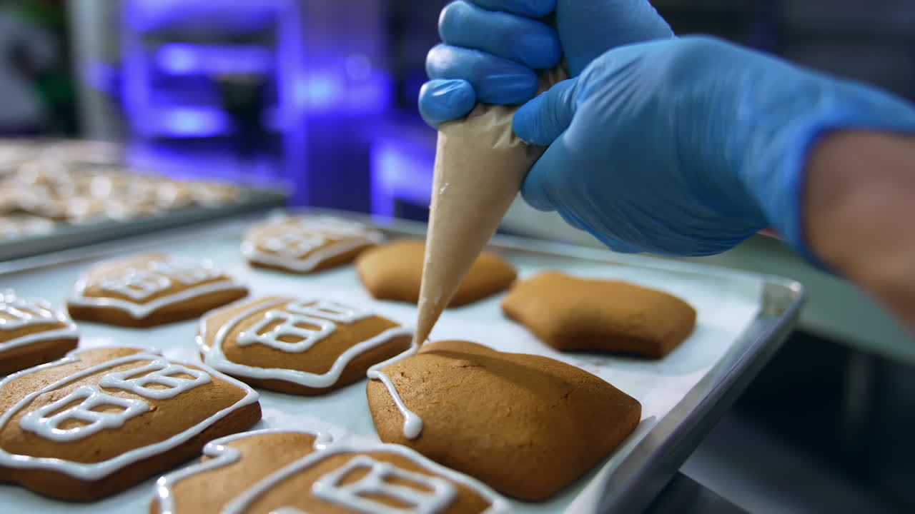 Putting white icing on the gingerbread cookies. Close up. Manufacturing sweet desserts at confectionary factory. Blurred background.