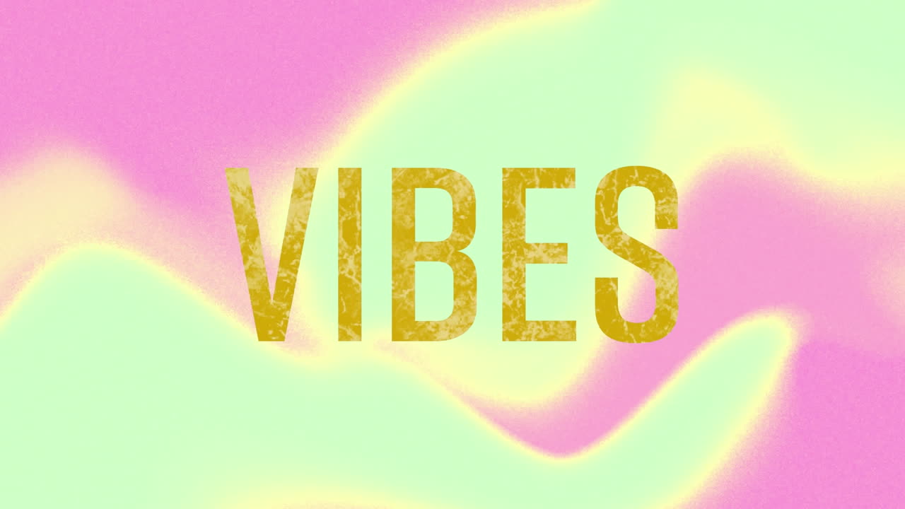 Animation of text vibes in glittering gold, over pink and green swirl background
