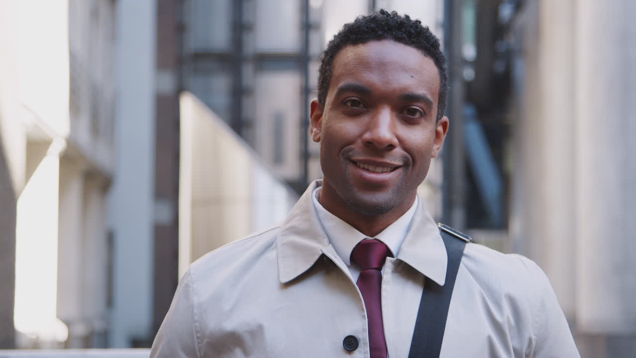 Confident young black businessman standing on the street and smiling to camera, focus on foreground, close up