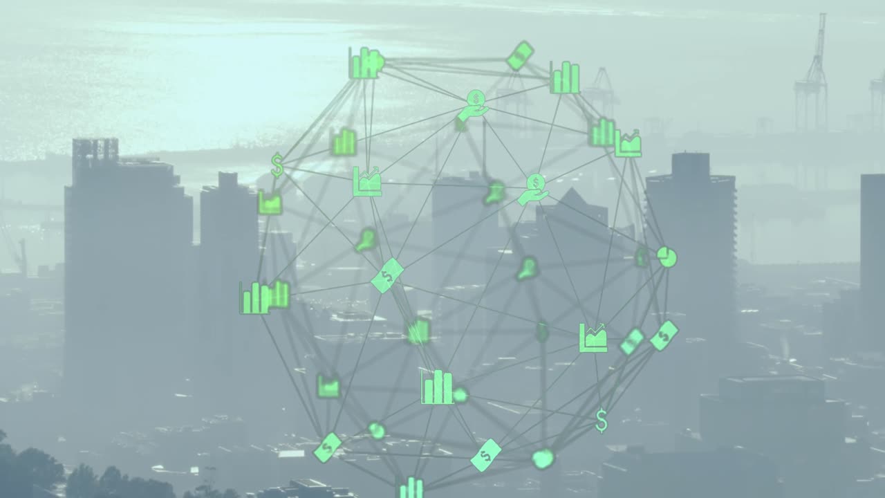 Animation of connections and globe over cityscape