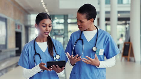 Nurses,-tablet-and-walking-in-a-hospital