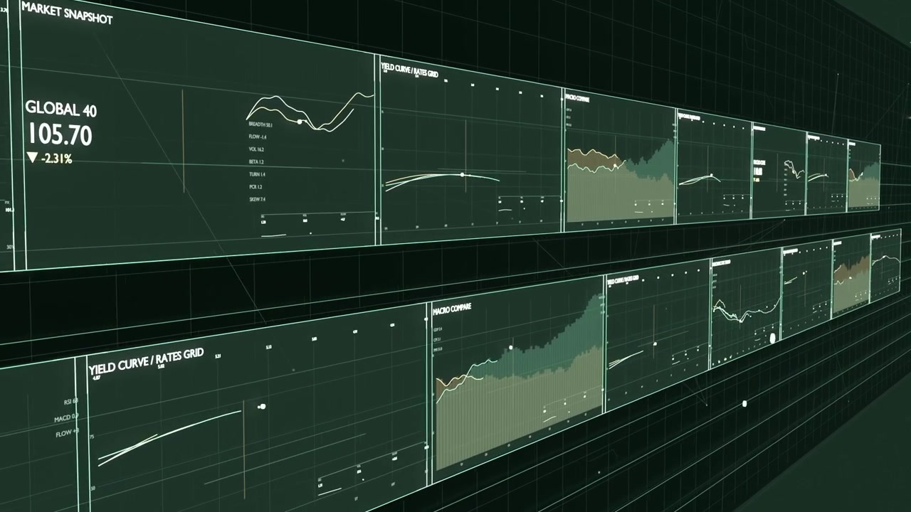 Panning camera moving along grid wall, revealing dual-row digital panels to showcase market data