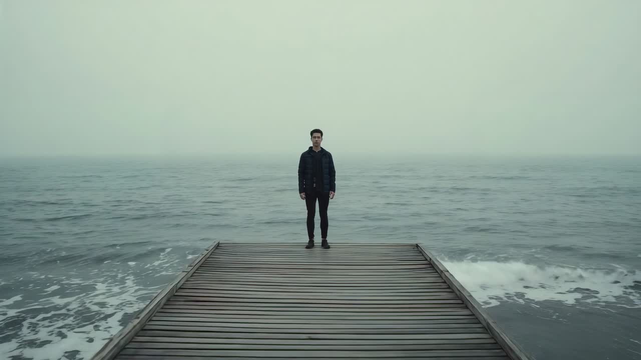 Zoom sutil de la cámara, hombre de pie al final de un muelle de madera mirando al mar con olas, vistiendo una chaqueta oscura