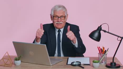 senior business man raises thumbs up, agrees, approve, likes good news using laptop at pink office