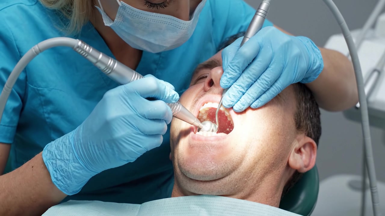 Procedura dentale: un primo piano di un paziente che riceve cure con un dentista professionista che utilizza strumenti per l'igiene orale e il mantenimento della salute.