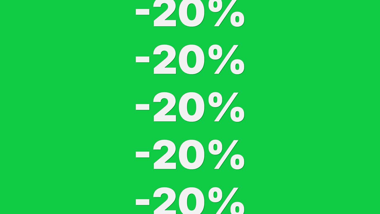 Stacked minus 20 percent text repeats vertically and scrolls upward on green screen