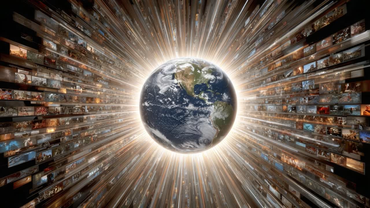 A Dynamic Illustration of Earth Surrounded by a Radiant Burst of Imagery, Representing the Interconnectedness of Global Cultures and the Impact of Digital Media