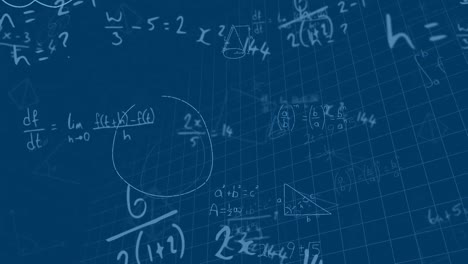 Animation-of-mathematical-equations-and-diagrams-floating-over-grid-network-against-blue-background