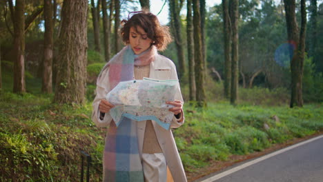 pensive explorer looking map in forest road at autumn vacation. woman traveler