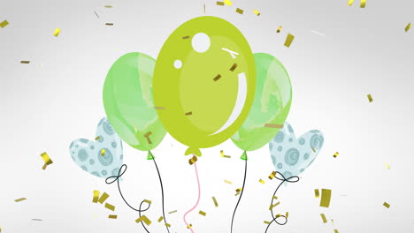 animación de confeti dorado cayendo sobre globos de fiesta con patrones verdes y azules en un fondo gris