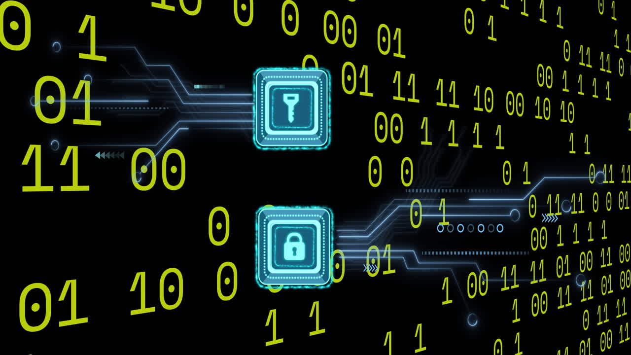 animación de claves, iconos de candados, codificación binaria sobre la placa de circuitos sobre un fondo negro