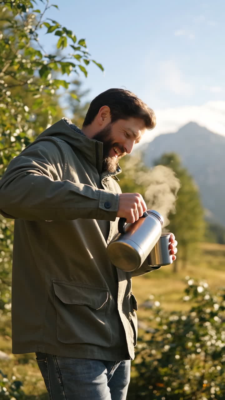 Man Enjoying a Hot Drink in Nature