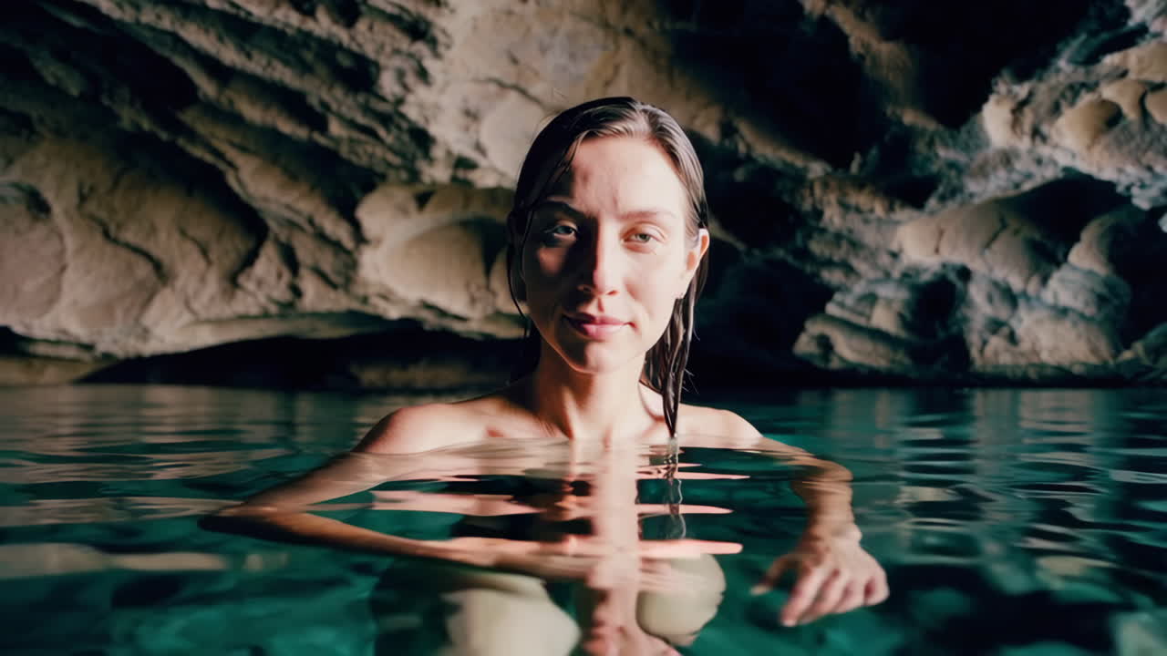 Woman relaxing in a natural cave pool