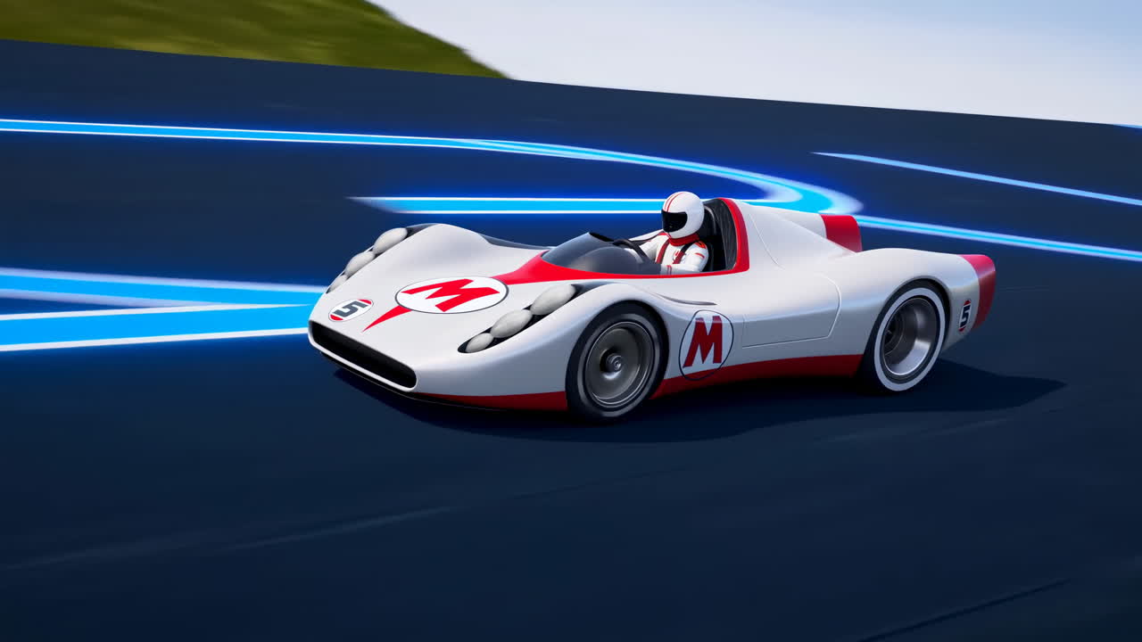 Auto da corsa futuristica bianca e rossa con pilota su una pista luminosa