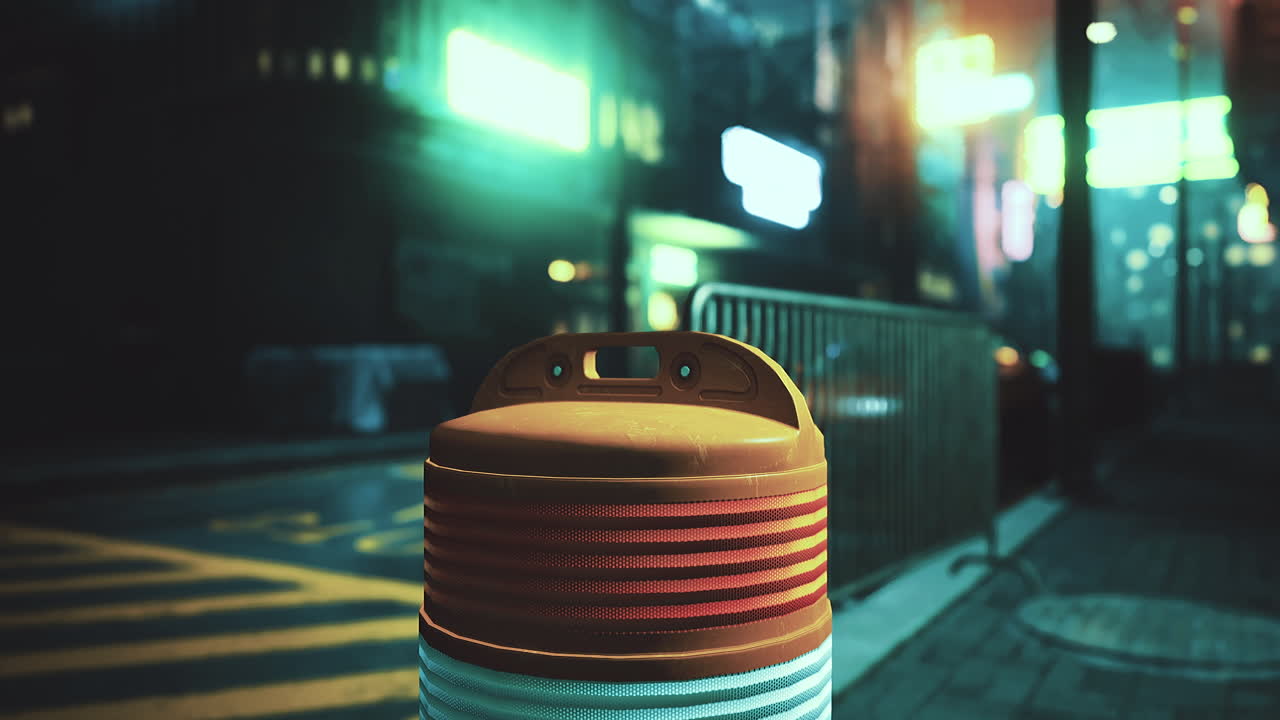 Traffic barrier illuminated by neon lights in an urban setting at night
