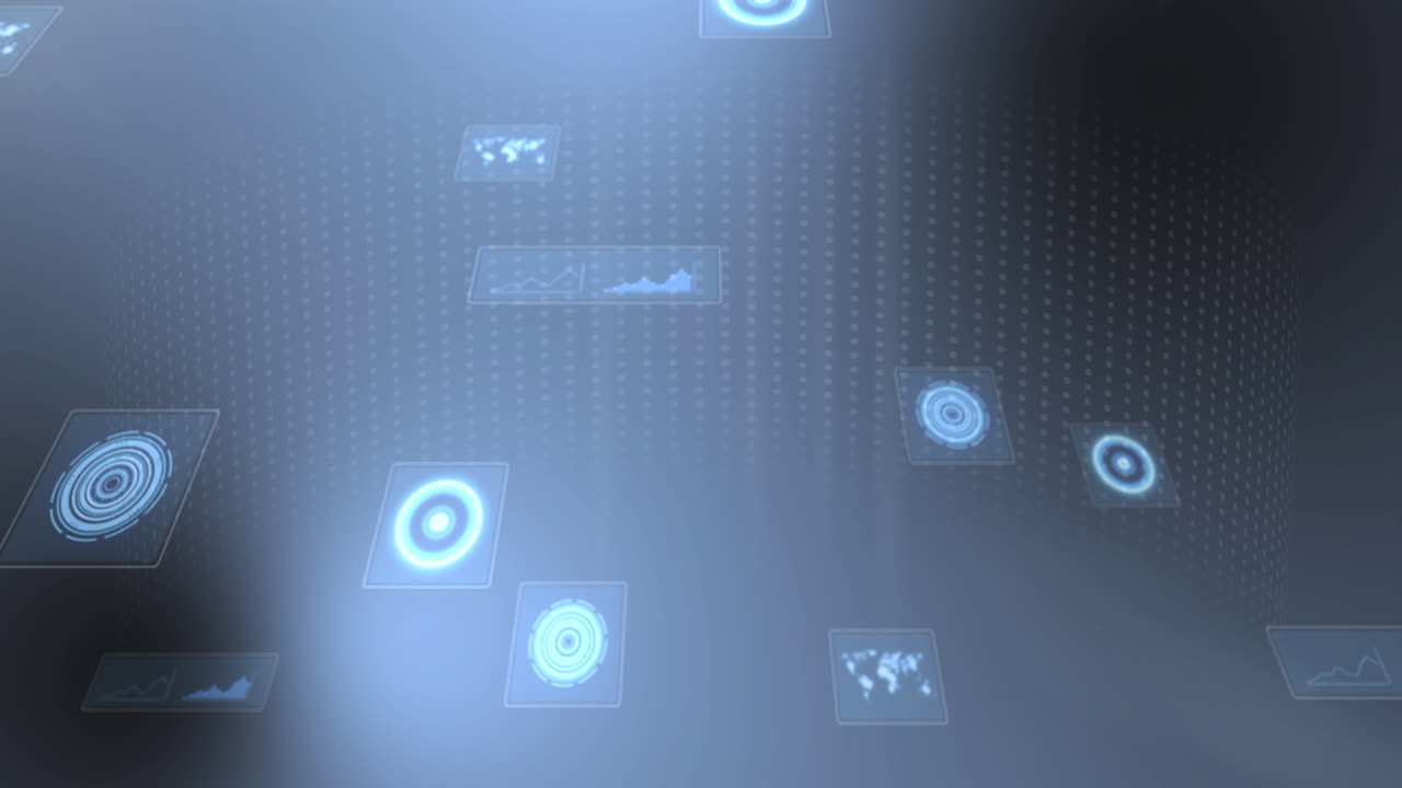 animación del procesamiento de datos y el escaneo del alcance en pantallas sobre filas de puntos sobre fondo azul