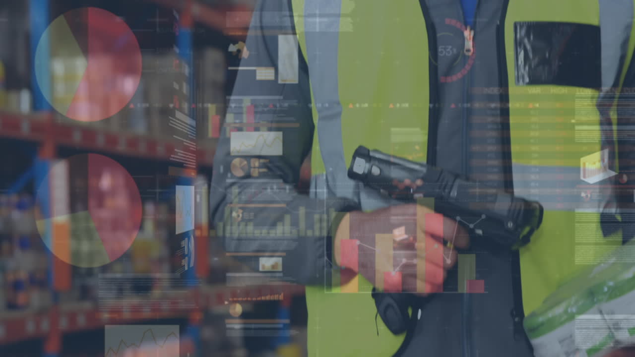 animación de estadísticas y procesamiento de datos financieros sobre el hombre que trabaja en el almacén