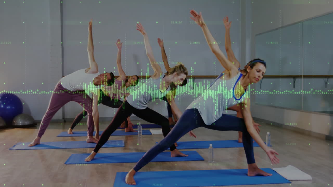 Six adults holding side-stretch yoga pose in fitness studio, displaying green data-code overlay