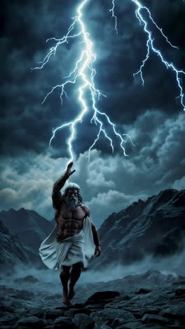 zeus, god of thunder, in a stormy landscape