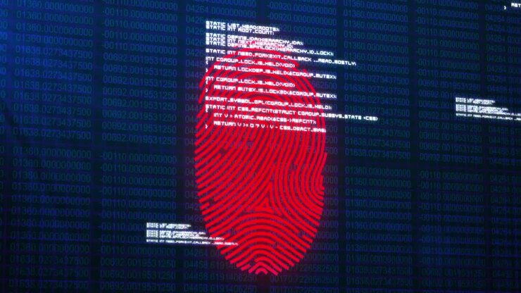 Animation of fingerprint and data processing over black background