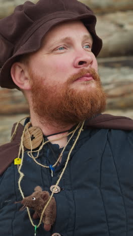 bearded man in medieval clothes stands near wooden house. knight with key on neck and mouse in bosom looks into distance dreamy closeup horizon tilts