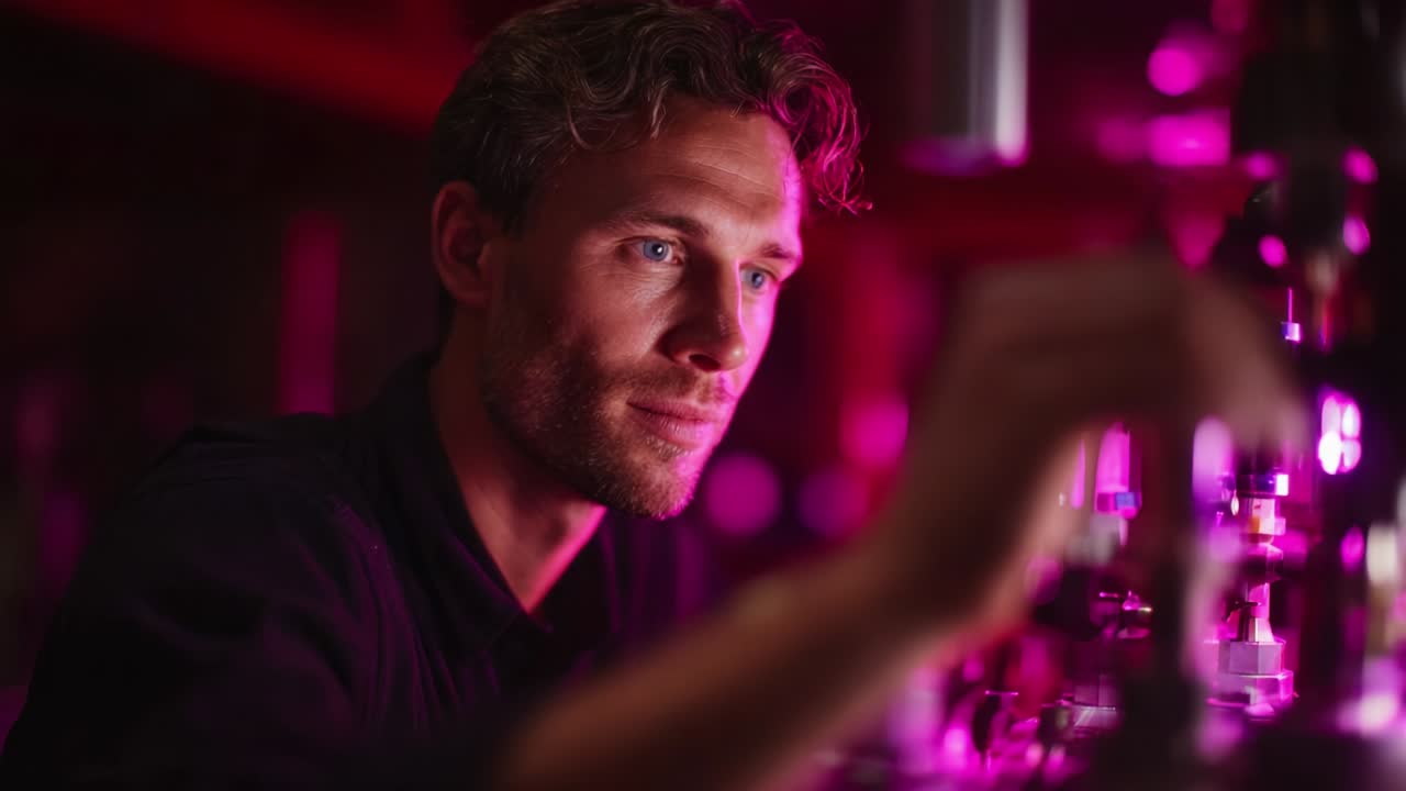 Focused Scientist Conducting Experiments in a Dark Laboratory with Vibrant Purple Lighting to Explore Innovative Techniques in Materials Science and Technology Research