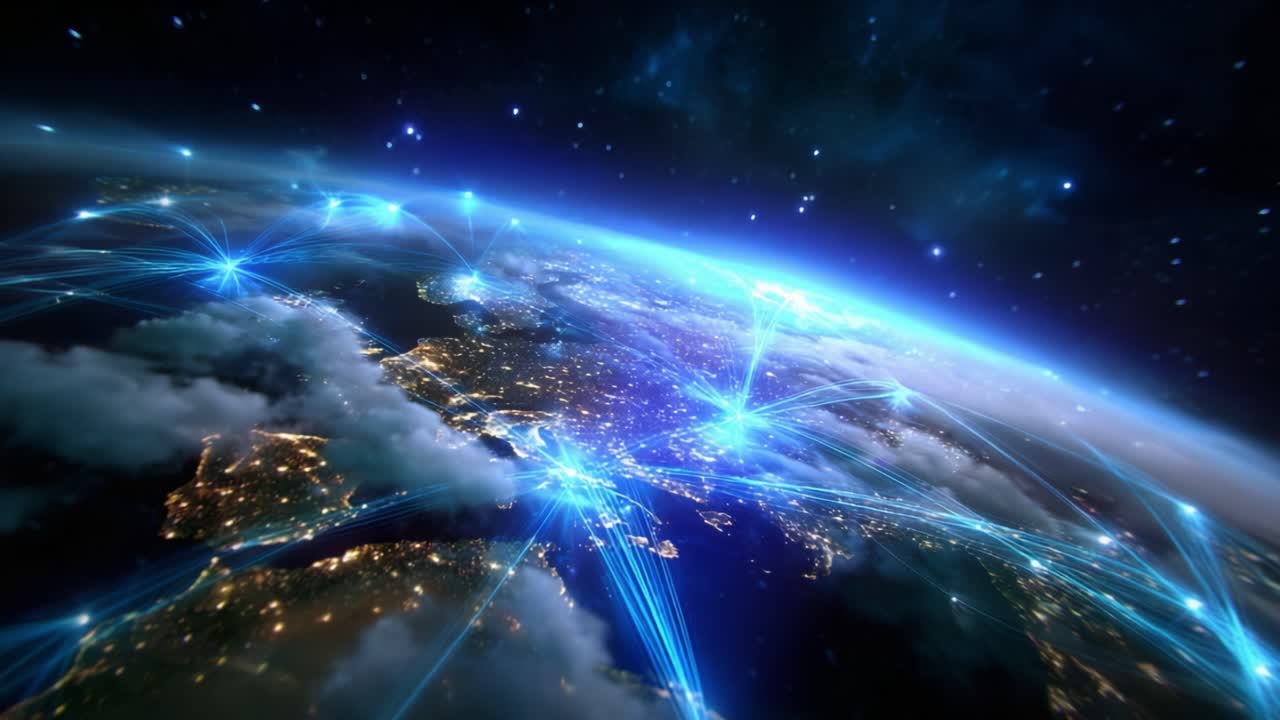 An Awe-Inspiring Visual Representation of Earth at Night, Showcasing Urban Lights Interconnected by Dynamic Energy Lines, Capturing the Essence of Global Connectivity and Technology Advancements