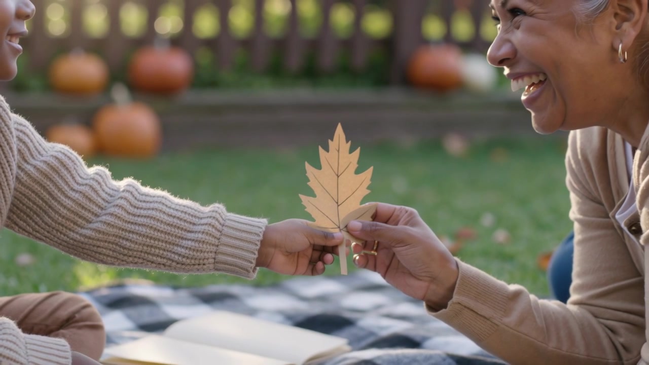 Un bambino offre una foglia, condividendo la sua scoperta, mentre un adulto si allunga e la prende, su un tappeto a quadri con una zucca.