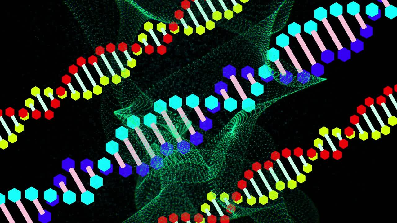 Green mesh twisting, three helix strands shifting diagonally, beads pulsing to emphasize depth