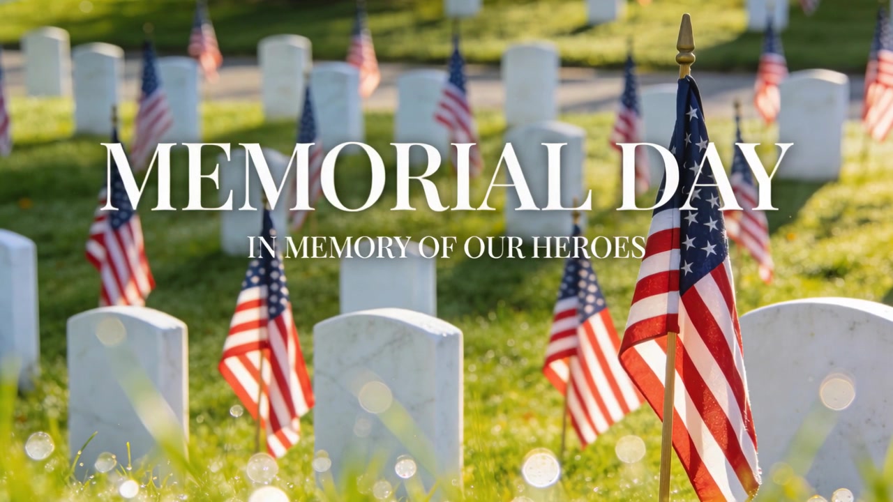 Telecamera in panoramica; la brezza rivela lapidi del cimitero che mostrano la scritta MEMORIAL DAY e bandiere statunitensi in onore degli eroi.