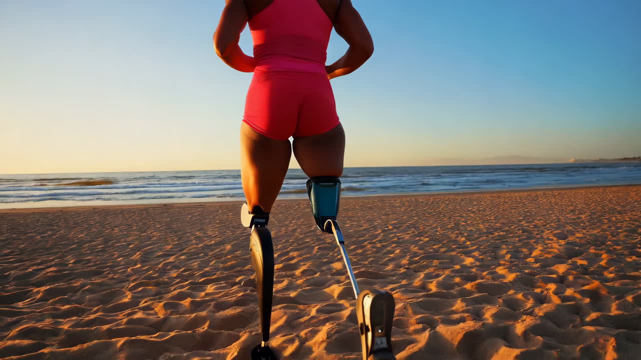 Disabled Woman Running on the Beach at Sunrise