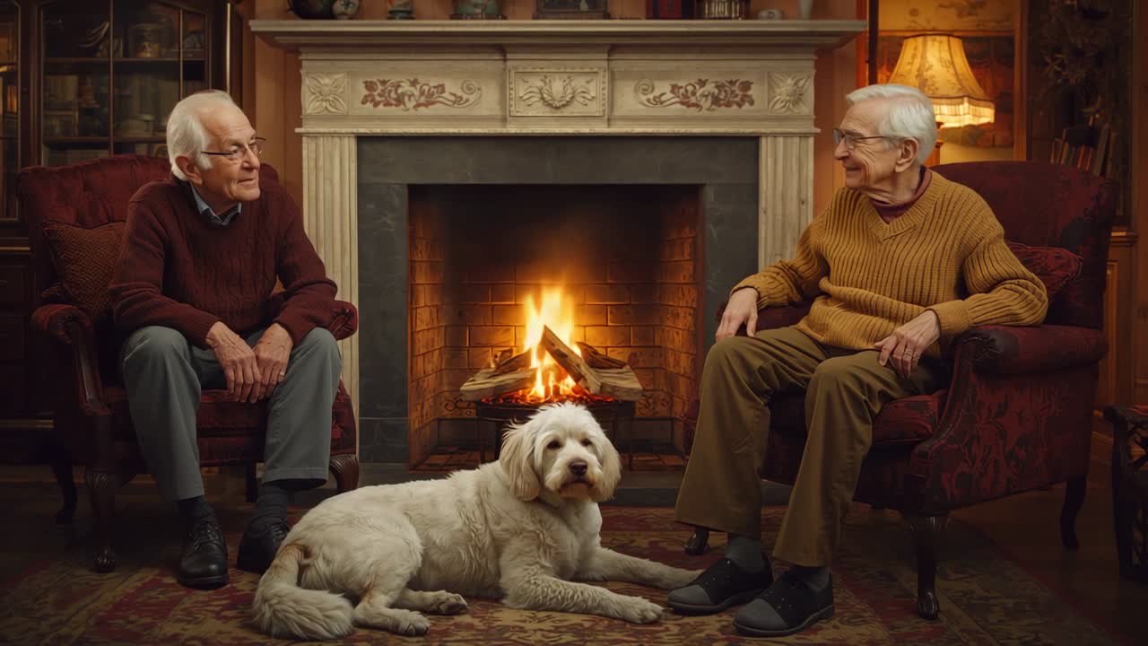 Left man turning head and speaking, right man smiling in home study with fireplace, white dog