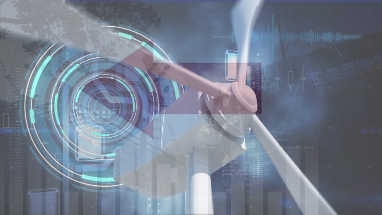 데이터 처리 및 도시 풍경 위의 풍력 터빈과 함께 범위 스캔의 애니메이션