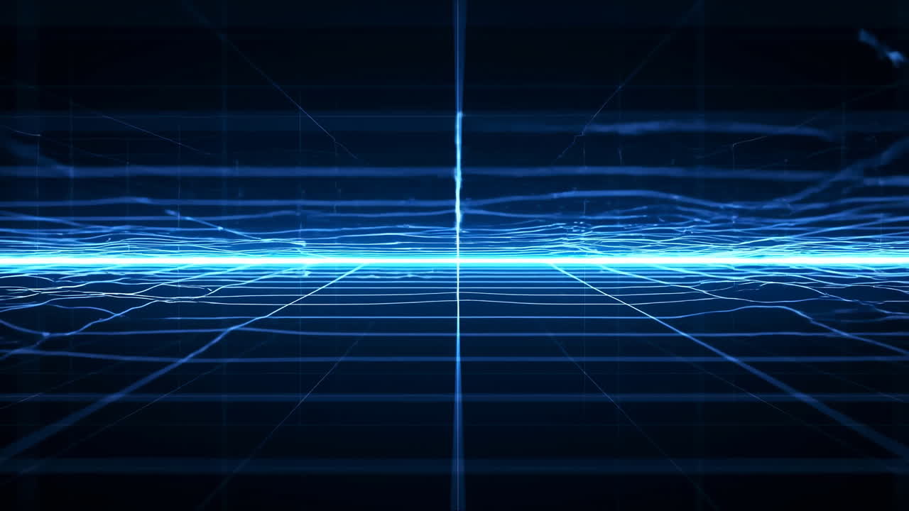 Dynamic Blue Digital Grid with Flowing Data Waves