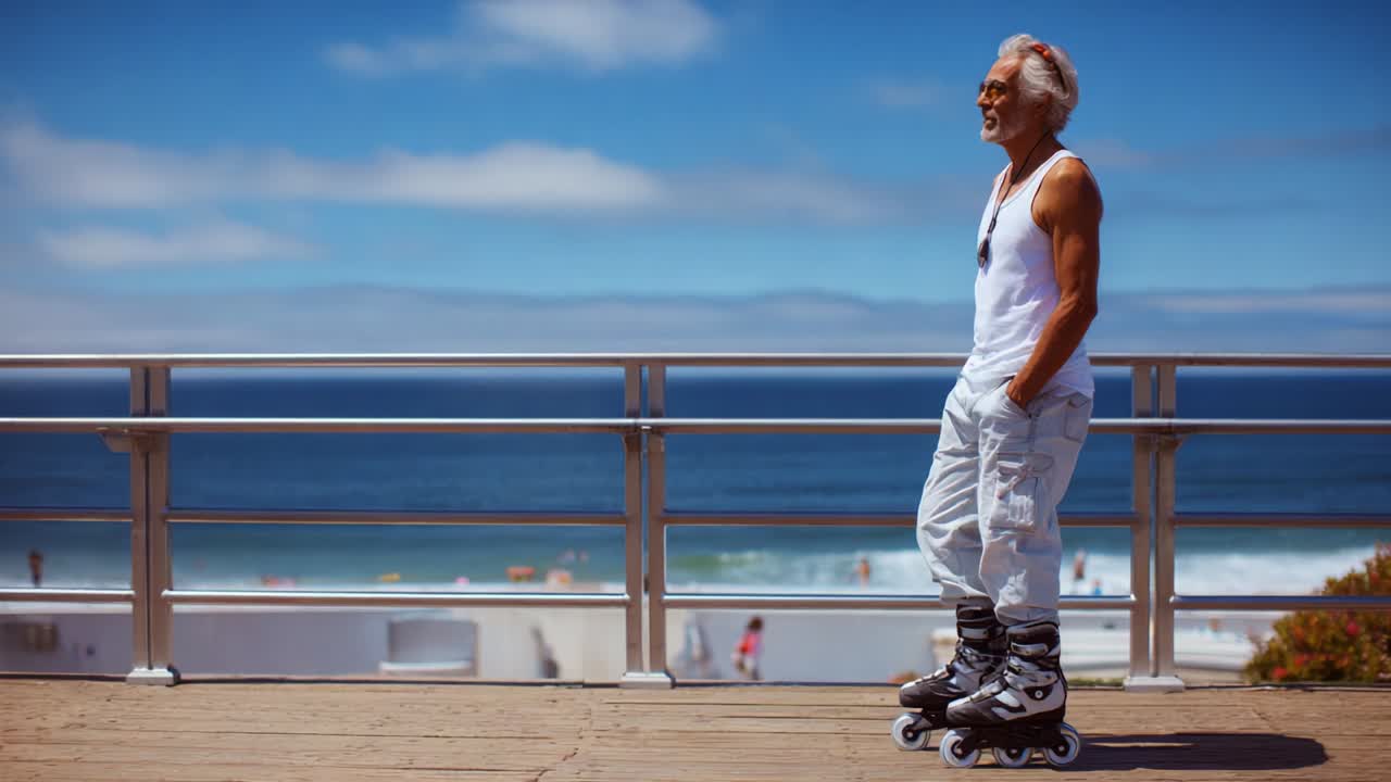 An Active Senior Roller Skating Along the Seaside Boardwalk: Embracing Fitness and Joyful Movement in the Sunshine, Showcasing Vibrant Outdoor Life and Passion for Active Living at an Older Age