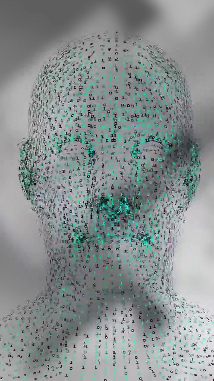 Animation of human head with particles moving over grey background